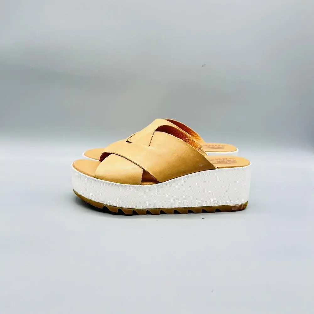 Sorel Sandals Womens 6 Beige Leather Cameron Flatform Mule Wedge Slip On Shoes - Picture 4 of 10